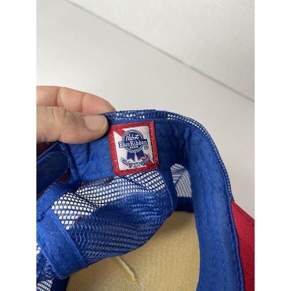 VTG PBR Pabst Blue Ribbon Red White Blue Trucker Snap Back Hat Cap Nylon Mesh - Picture 4 of 7